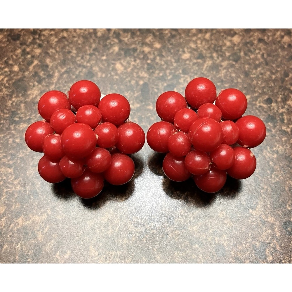 Vintage Hong Kong Red Clustered Berry Red Clip-on Earrings Signed